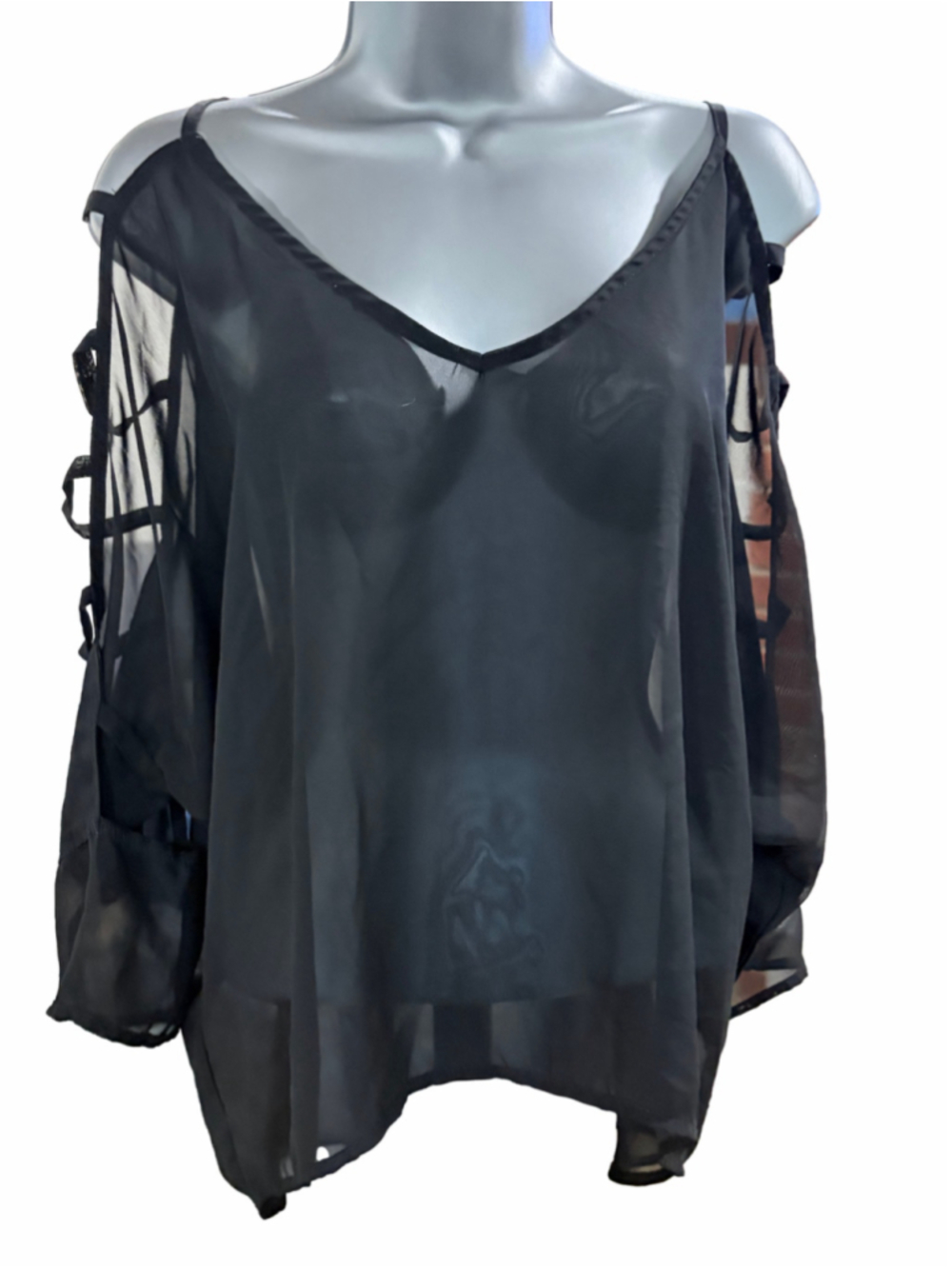 6. Women's Phanuel Black Sheer Cold Shoulder Blouse Size M